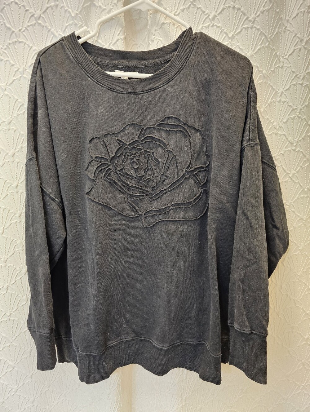 Maurices Washed Black Rose Appliqué Crewneck Sweater